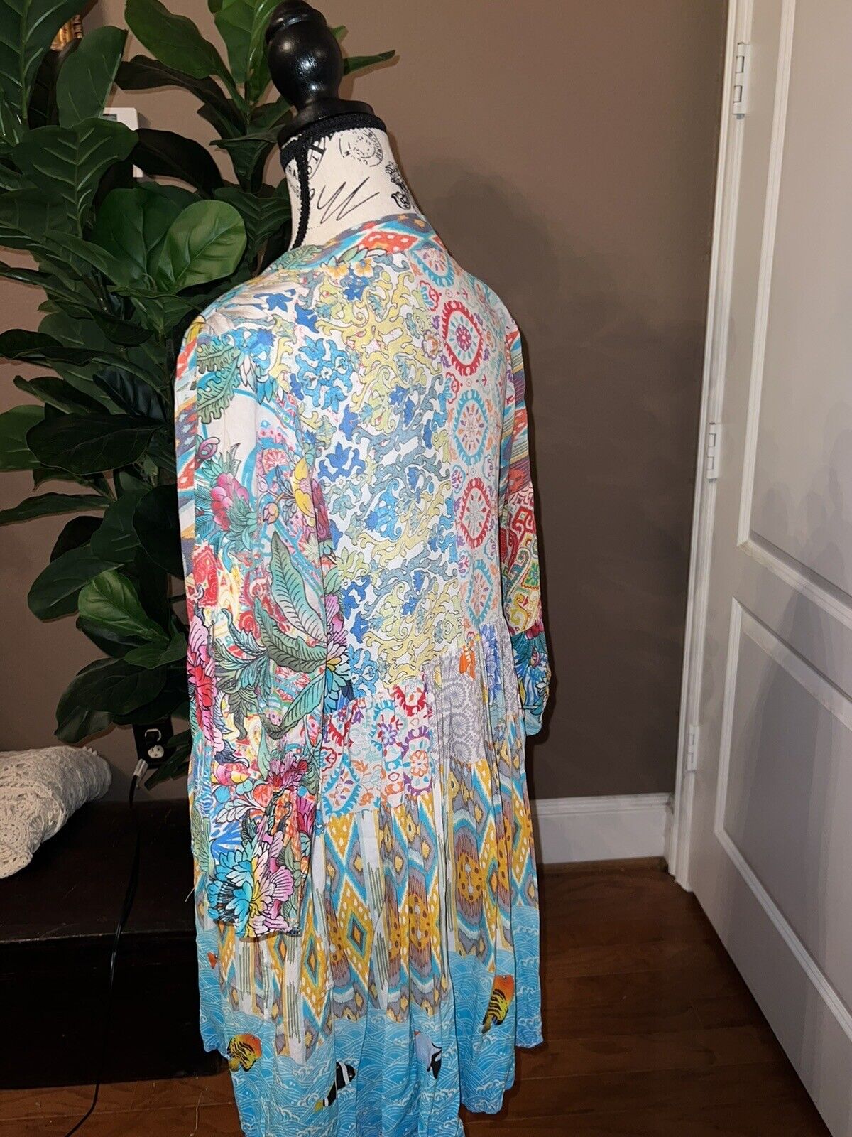 Johnny Was SZ L Large Cotton Floral Tunic Top Mini Dress Kimono Sleeves Tassels