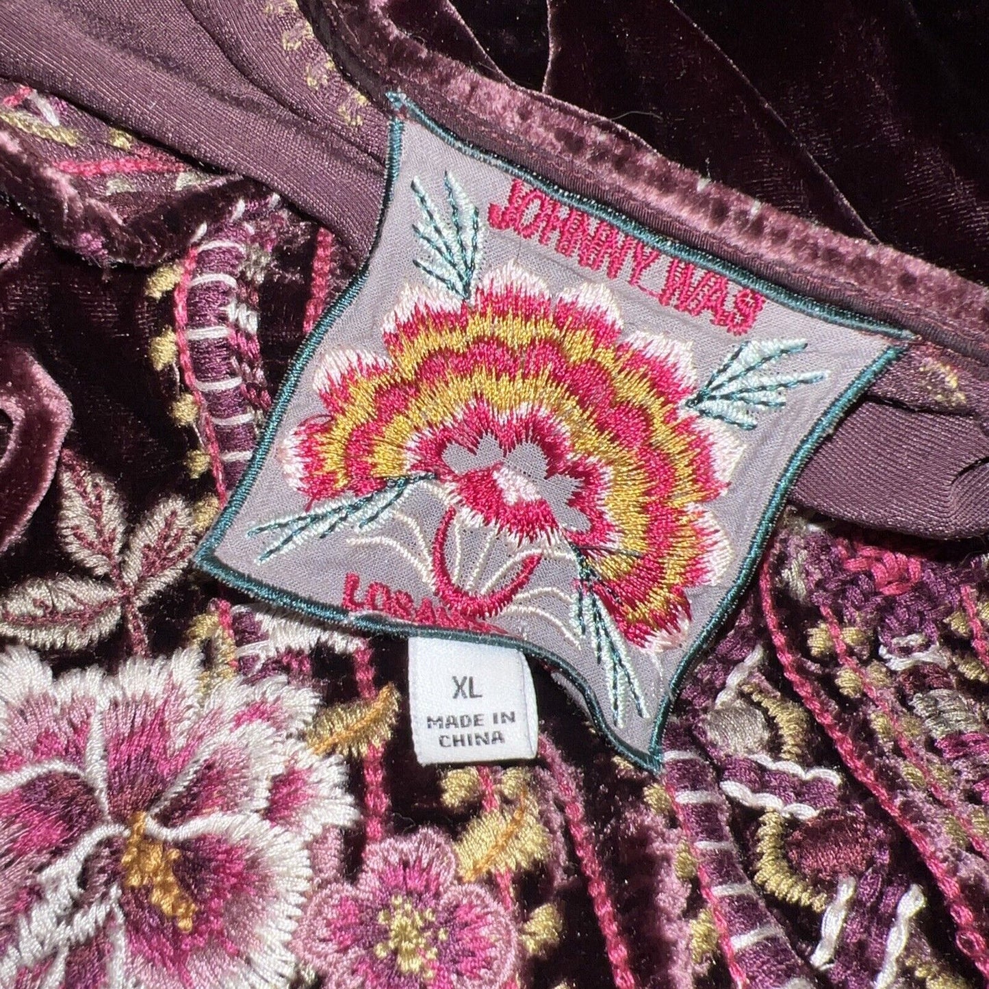 Johnny Was XL 1X 1XL Wine Velvet Heavily Embroidered Tunic Top Kimono Sleeve