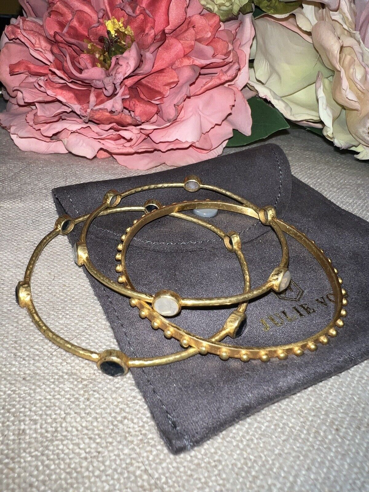 Julie Vos 3 Pc 24k Gold Plate Set MEDIUM Bangle Bracelets Blue White & Gold