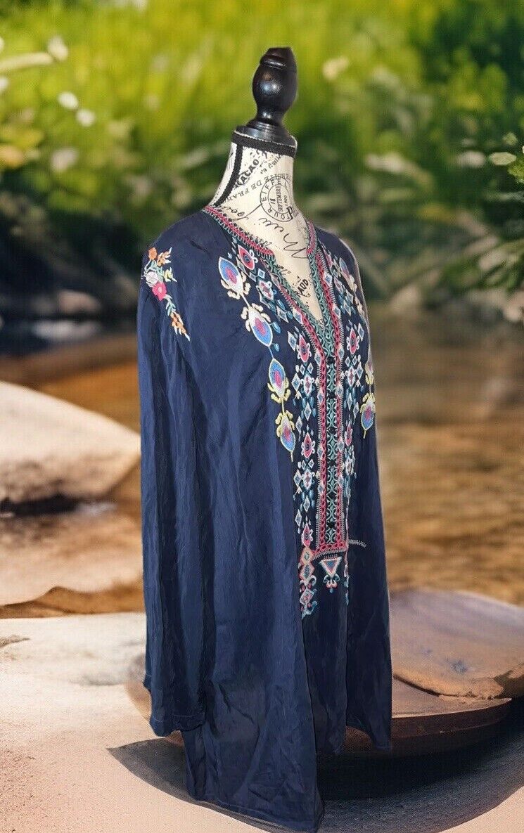 Johnny Was 3X 3XL Heavily Embroidered Navy Tunic Top Mini Dress Kimono Sleve