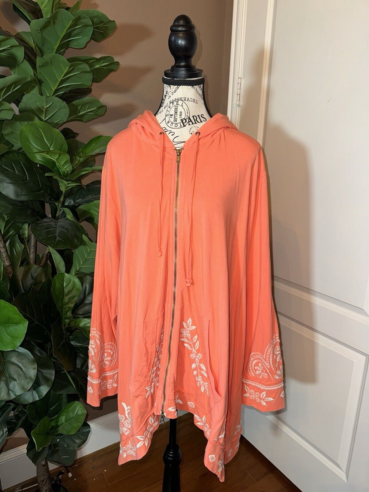 Johnny Was 3X 3XL Coral Zip Up Hoodie Jacket Kimono Embroidered Windbreaker