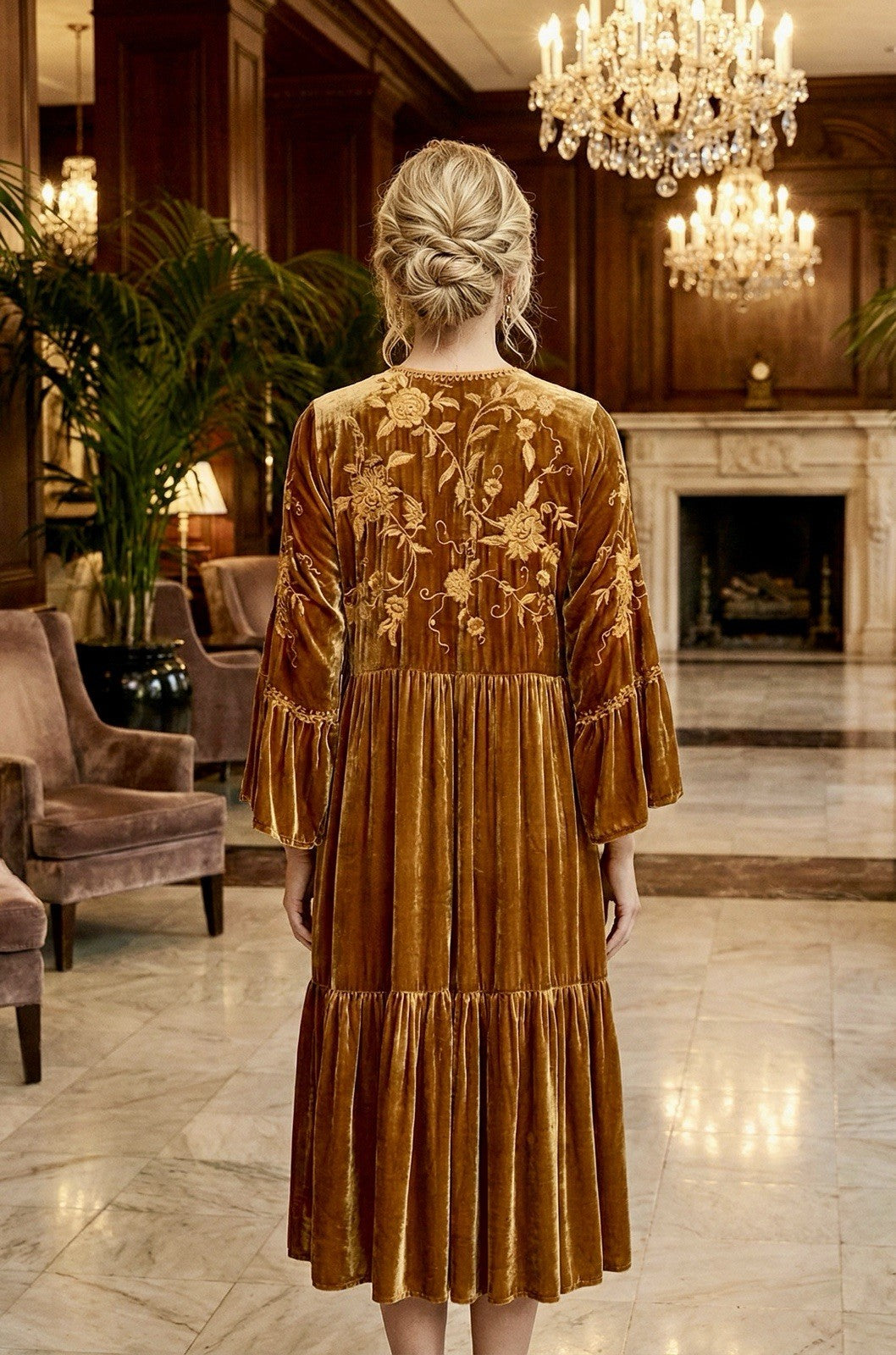 JOHNNY WAS L Large Golden Brown Velvet Midi Dress Tiered Embroidered Maxi Johnny Was