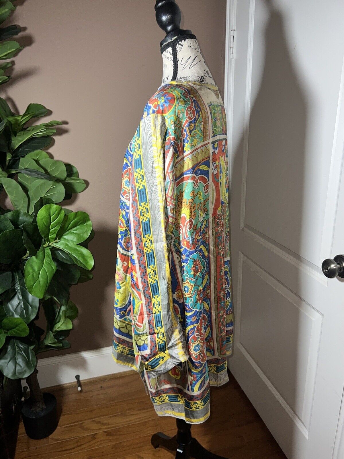 Johnny Was 100% Silk Long Sleeve Tunic Top Button Up Blouse Kimono Sz XL 1X 1XL