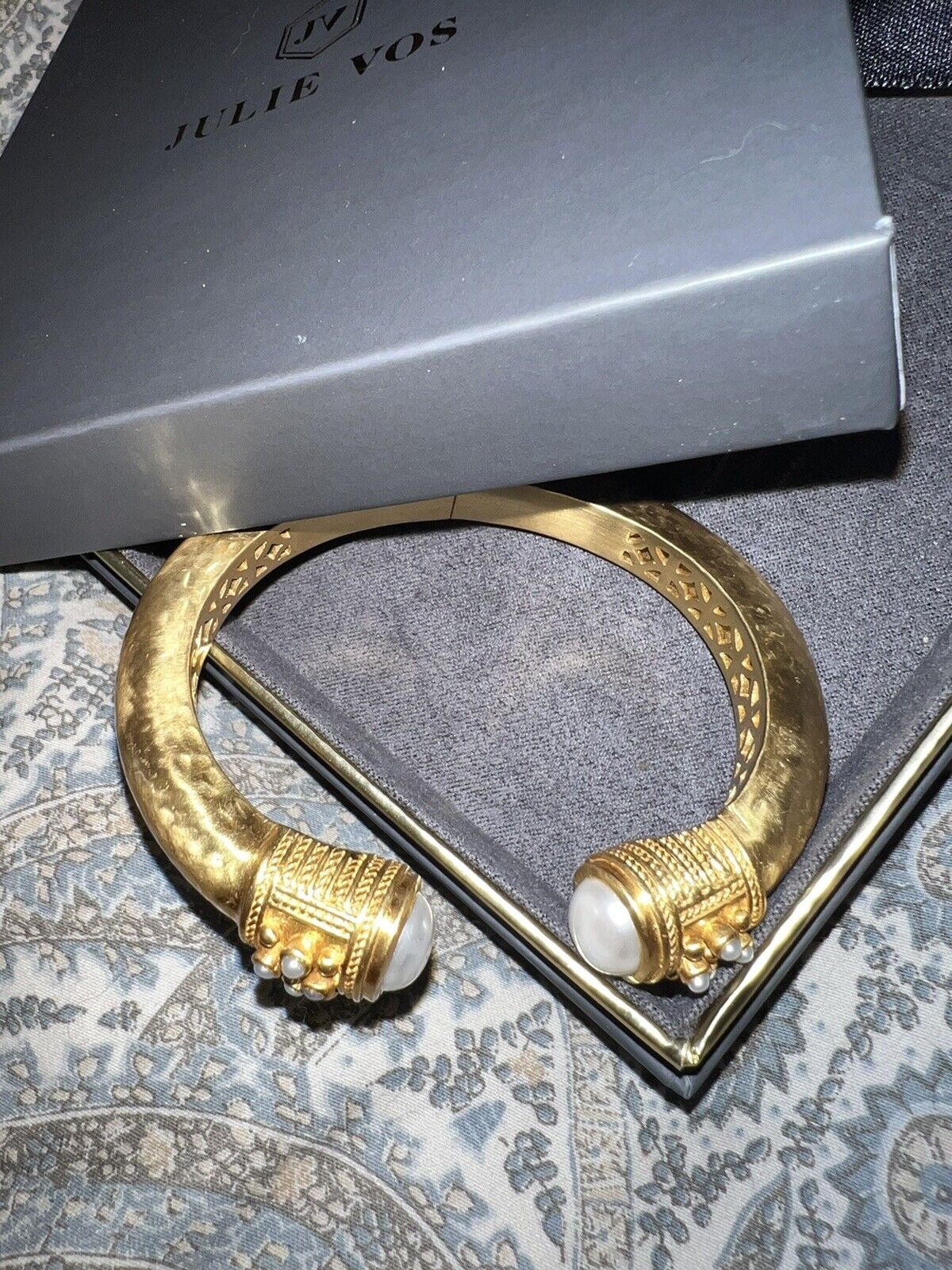 Julie Vos Hinged Bangle Cuff Bracelet Pearls & 24k Gold Plate