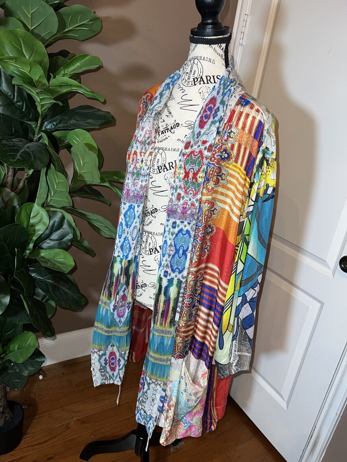 Johnny Was L Large 100% Silk Kimono Wrap Jacket Cardigan Duster Colorful