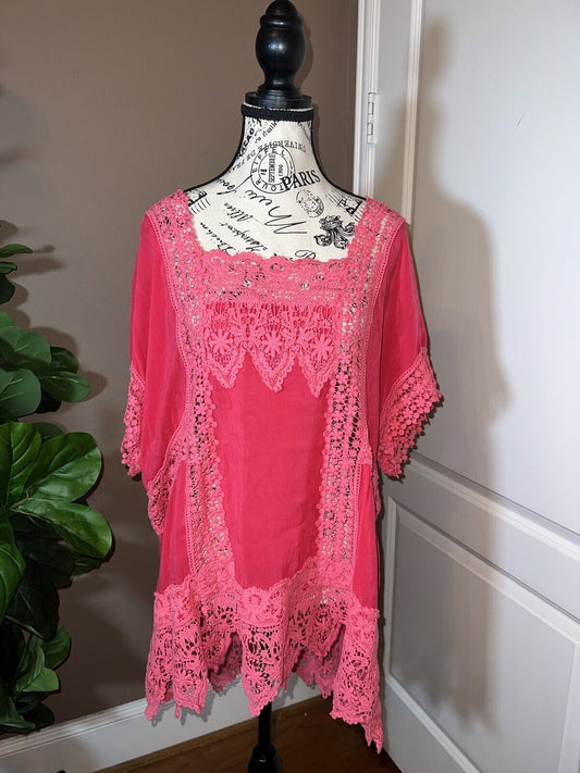 Johnny Was Barbie Pink Silky Embroidery & Eyelet Tonal Tunic Kimono Sz 1X 1XL XL