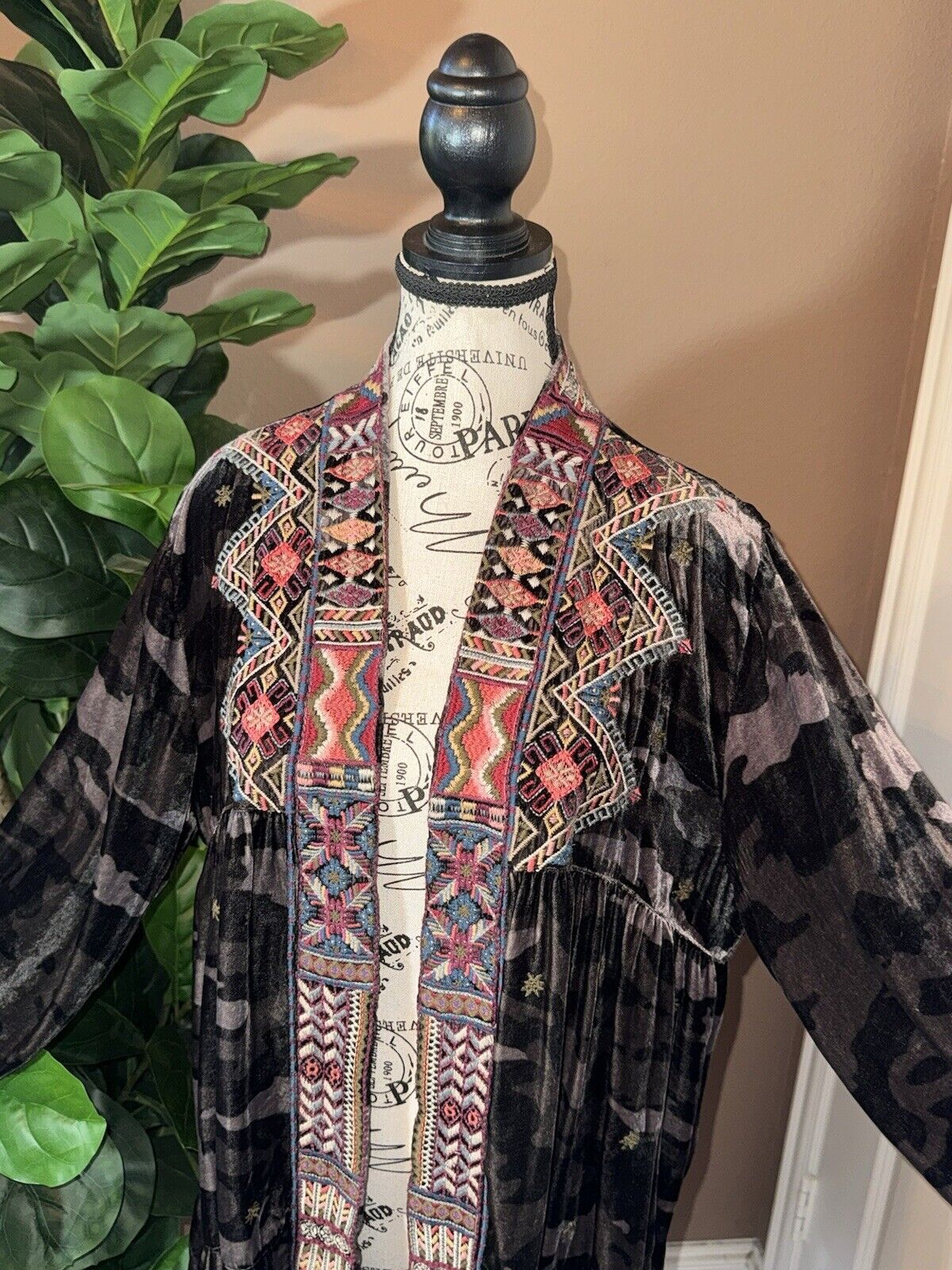 Johnny Was L Velvet Long Kimono Duster Embroidered Wrap Cardigan Jacket