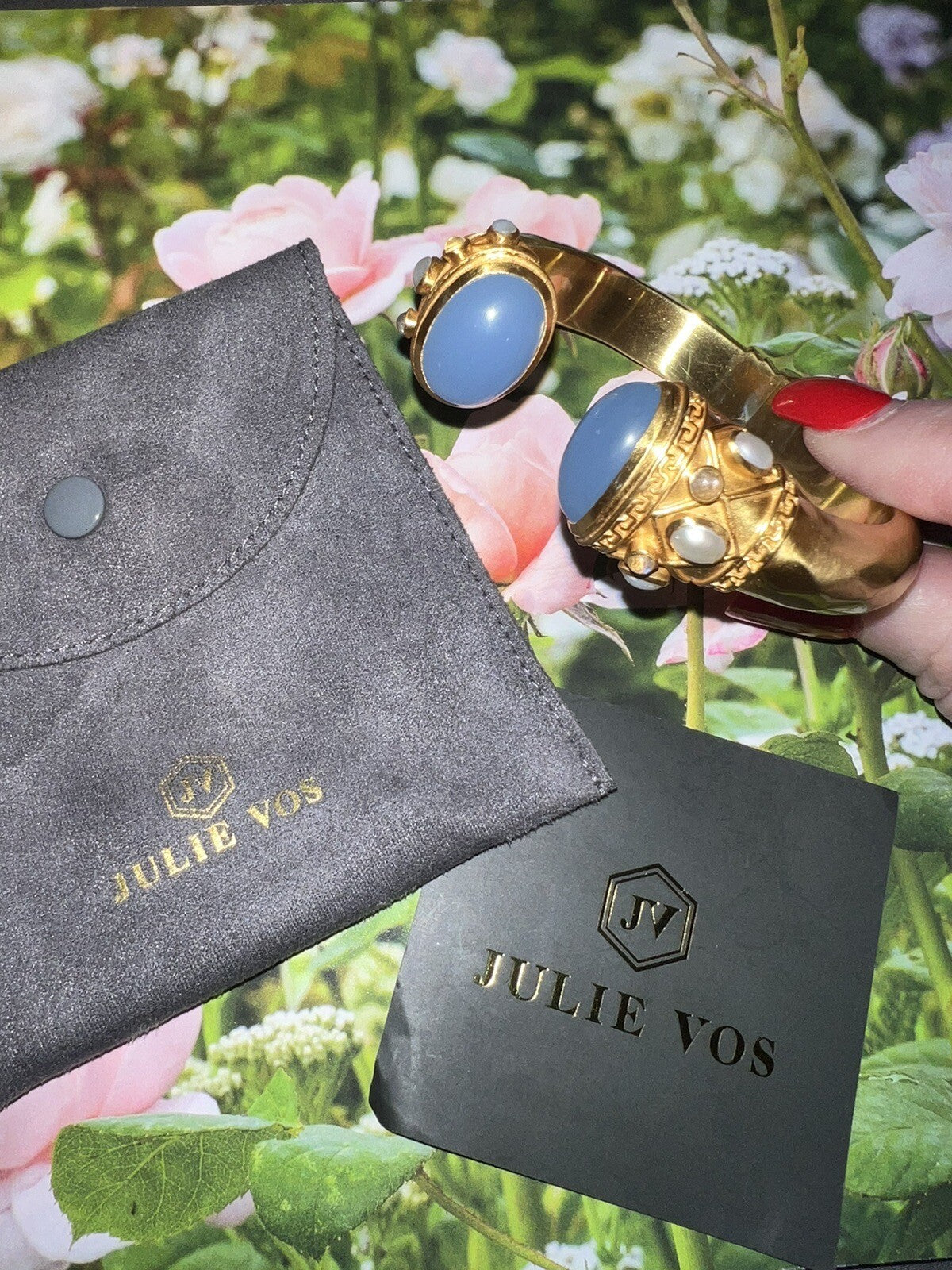 Julie Vos Soft Blue & Pearl Hinged Cuff Bracelet 24k Gold Plated Bangle Julie Vos