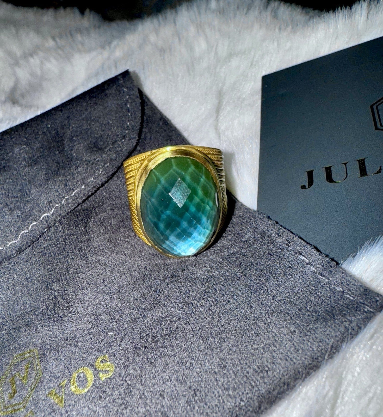 Julie Vos Iridescent Peacock Blue Statement Ring Sz 9 ADJUSTABLE 24k Gold Plate Julie Vos