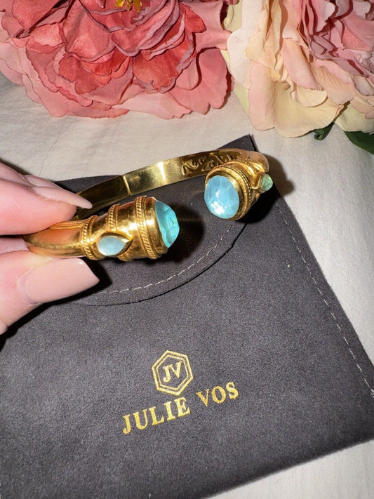 NEW Julie Vos Iridescent Blue Hinged Bangle Cuff Bracelet 24k Plated NWOT