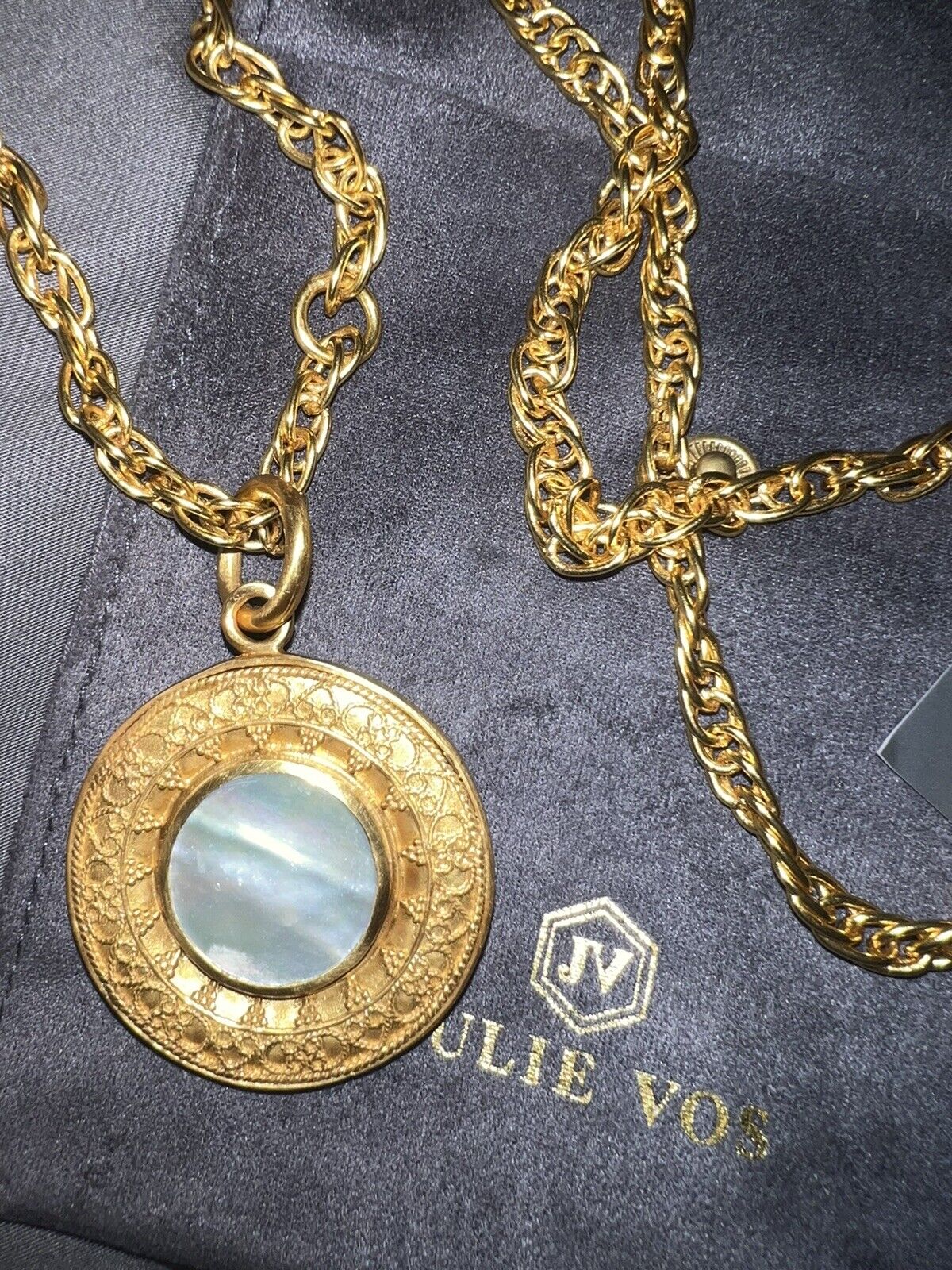 Julie Vos Medallion Pendant Necklace REVERSIBLE 24k Plated Chain Pearl