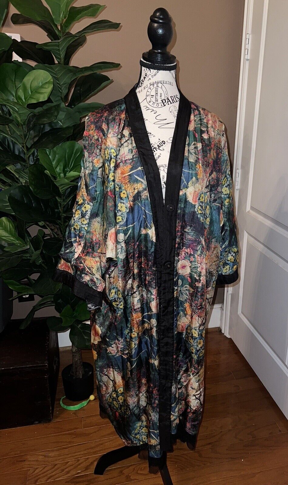 Johnny Was Large Long Silk & Sequin Black KIMONO Duster Wrap REVERSIBLE