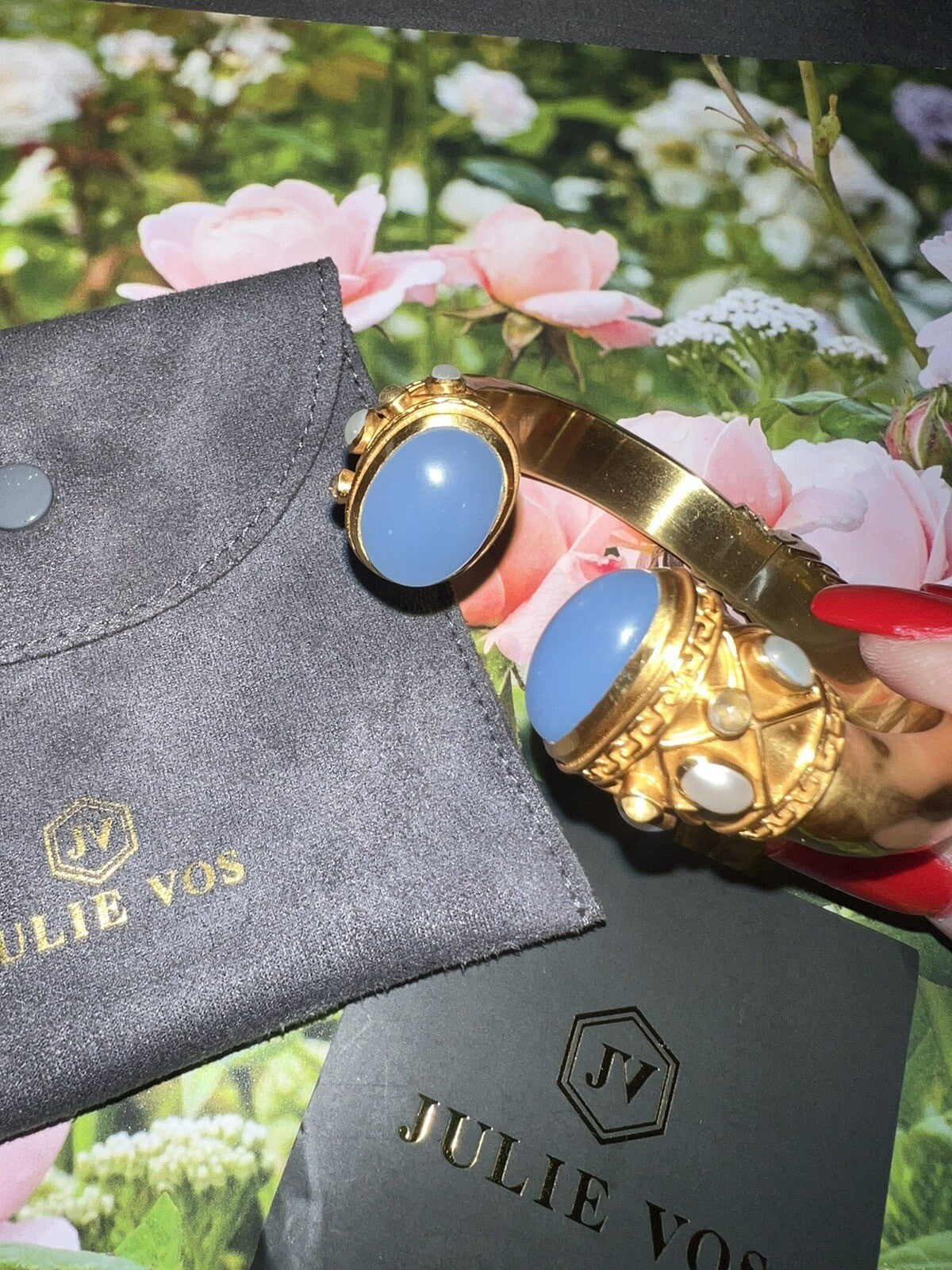 Julie Vos Soft Blue & Pearl Hinged Cuff Bracelet 24k Gold Plated Bangle Julie Vos