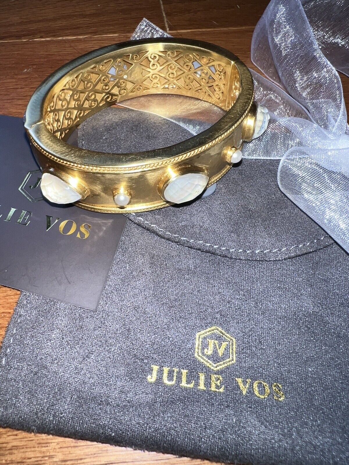 NEW Julie Vos Large Hinged Bangle Cuff Bracelet 24k Gold Plate & Iridescent NWT