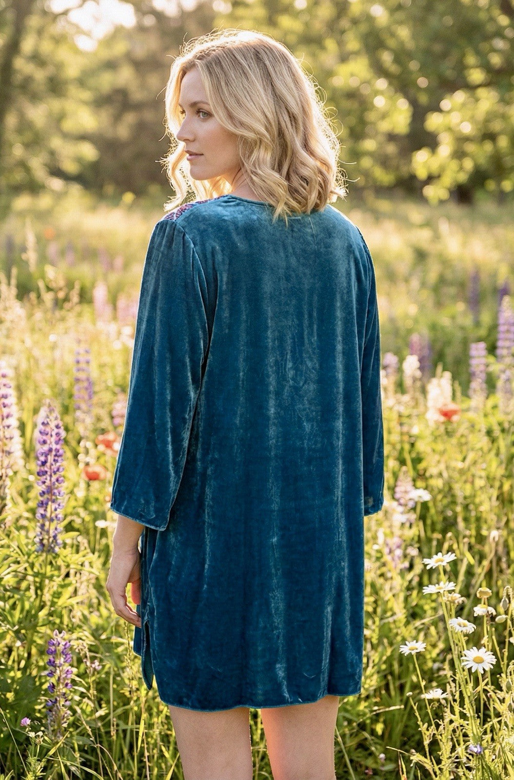 Johnny Was 1X Plus Turquoise Blue Velvet Tunic Top Long Sleeve Blouse Shirt Johnny Was