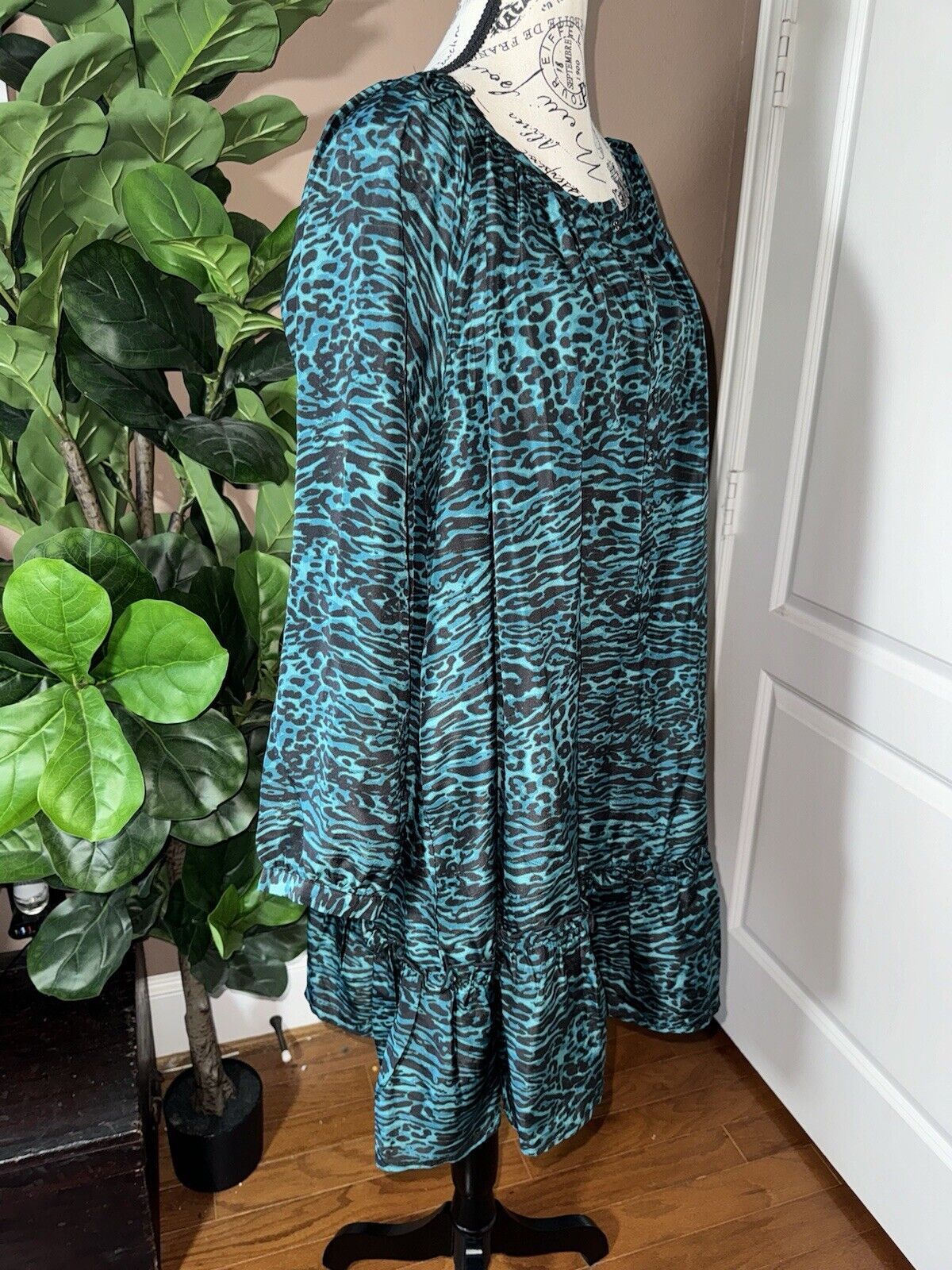 Johnny Was L Large 100% Silk Mini Dress Babydoll Tunic Top Teal Green