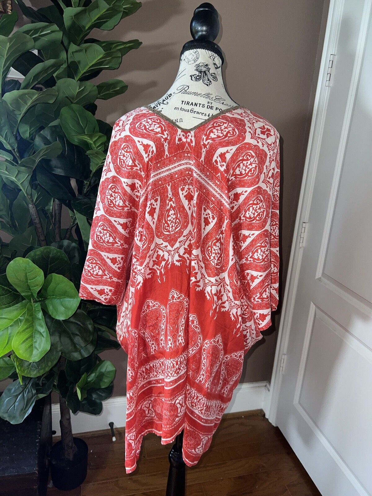 Johnny Was Red O/S 100% Silk Kimono Top Cover Up Leather Tassels & Sequins