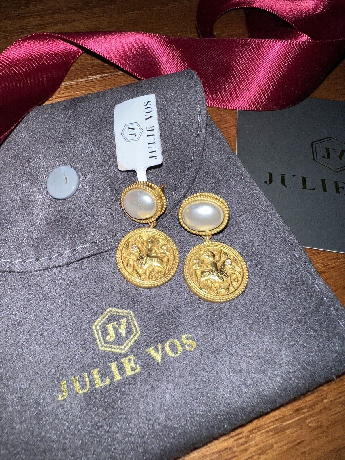 NEW Julie Vos Pearl & 24k Plated Coin Medallion Earrings GORGEOUS