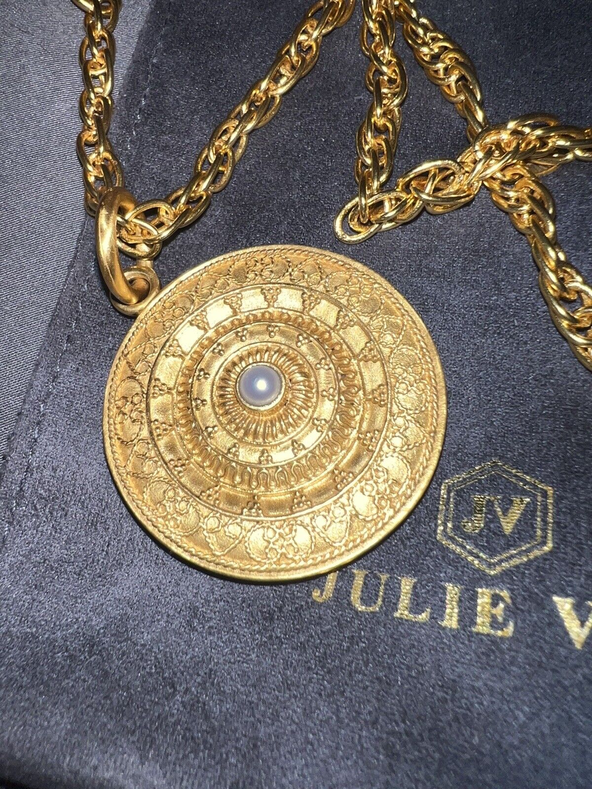 Julie Vos Medallion Pendant Necklace REVERSIBLE 24k Plated Chain Pearl