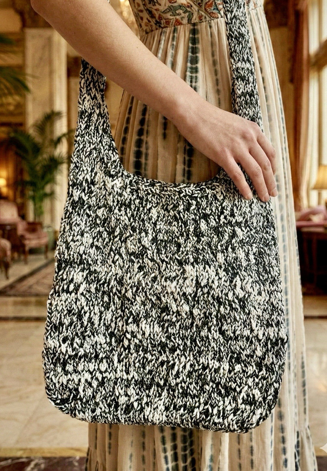 Johnny Was Black & White Sling Bag Crochet Slouch Hobo Tote Purse Crossbody Johnny Was