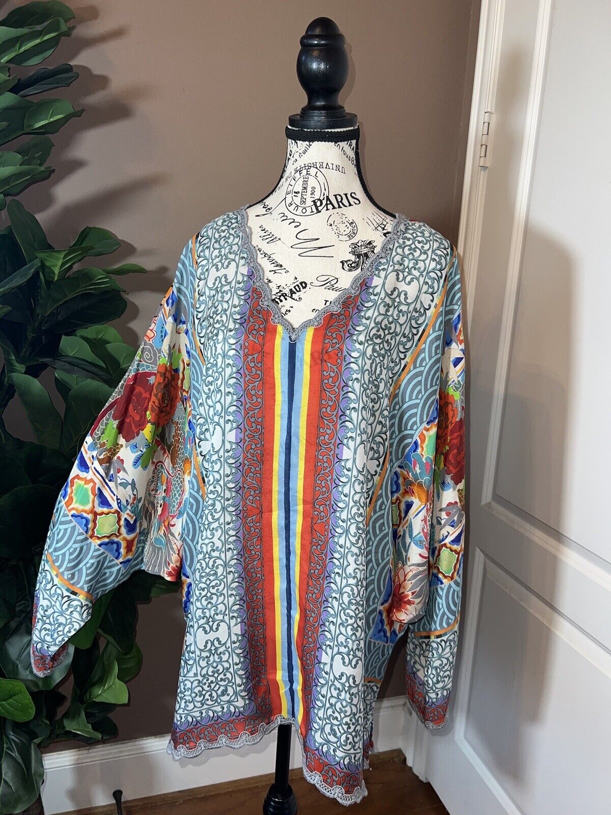 Johnny Was 100% Silk Long Sleeve Tunic Top Dragon Blouse Kimono XL 1XL