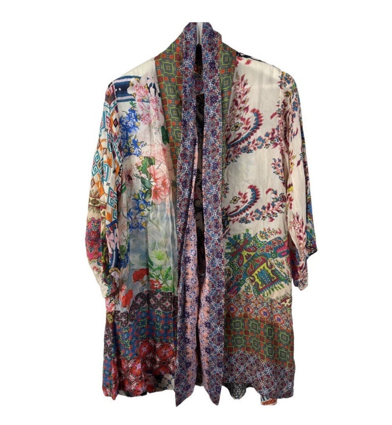 Johnny Was L Silky Kimono Wrap Patchwork Duster Jacket Cool Lightweight BOHO Johnny Was