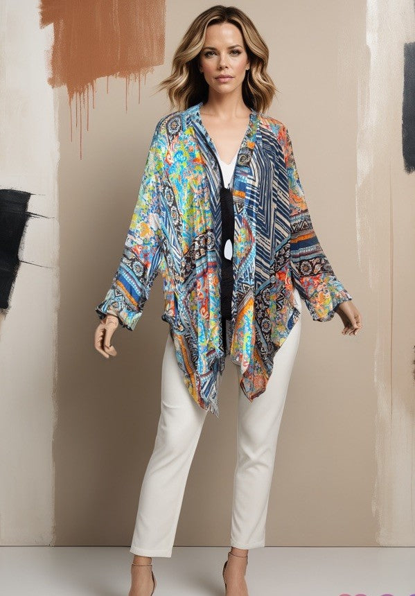 Johnny Was XL Silky Kimono Duster Jacket BOHO Flowy Top Lightweight Cool Color Johnny Was