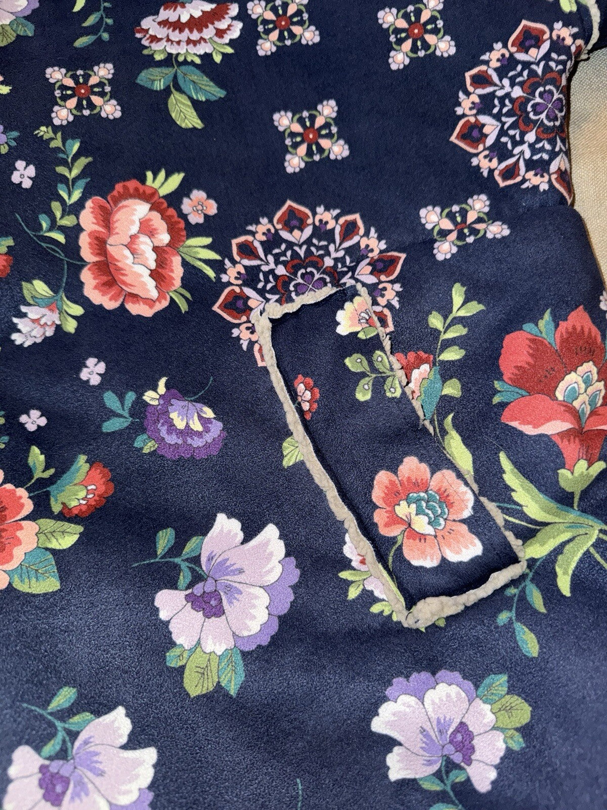 Johnny Was L Navy Blue Coat Jacket Faux Suede & Shearling Oversized Floral Johnny Was Pete & Greta