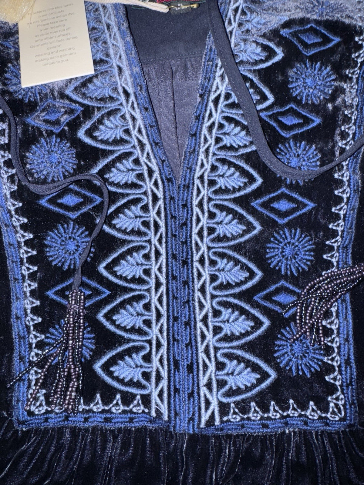 Johnny Was XL Blue Velvet Peasant Blouse Tunic Top Embroidered $328 Retail Johnny Was