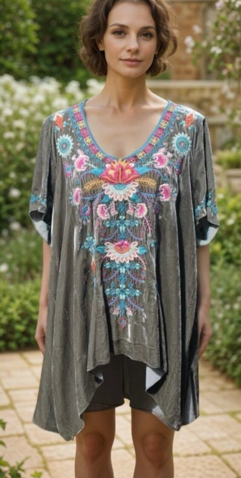 Johnny Was Grey Velvet Heavily Embroidered Tunic Top Mini Dress 1X 1XL