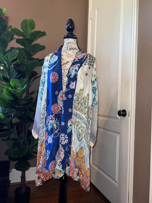 Johnny Was 100% Silk Kimono Wrap Cardigan Jacket Sz 1X 1XL XL Gorgeous Pockets