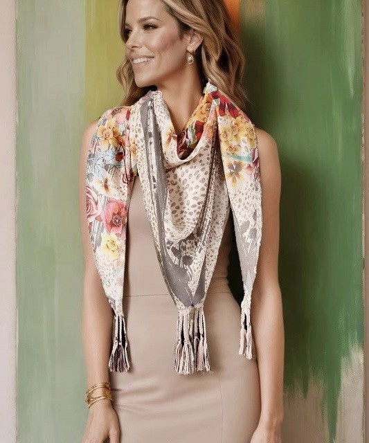 Johnny Was 100% Silk Scarf w/ Tassels Animal Print & Roses Leopard Jungle Rose Johnny Was