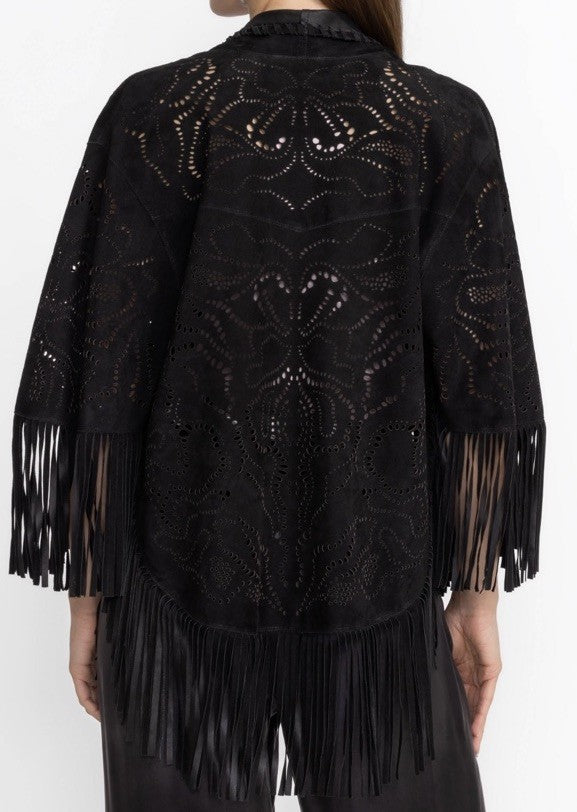 Johnny Was S/M Black Suede Leather Poncho Laser Cut Kimono Wrap $998 Retail Johnny Was