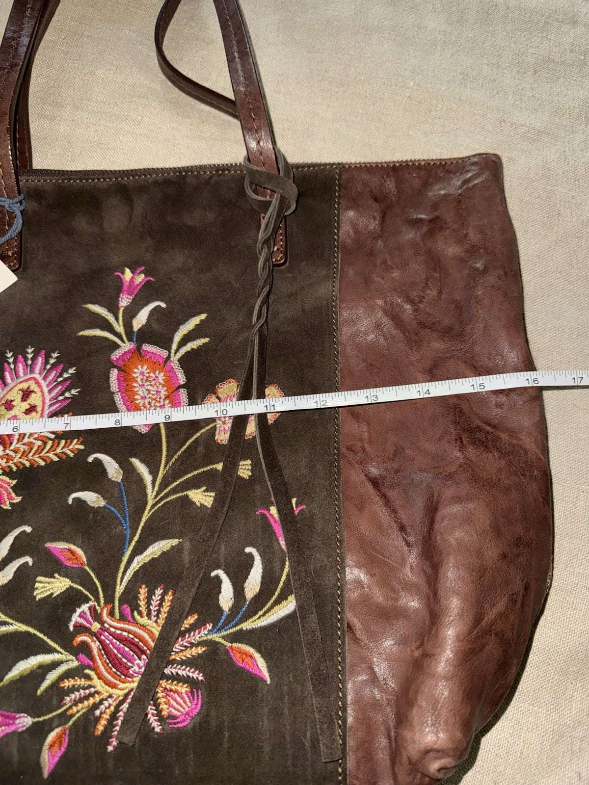 Johnny Was Dark Chocolate Brown Leather & Suede Bag Purse Tote Hobo Tassels Johnny Was