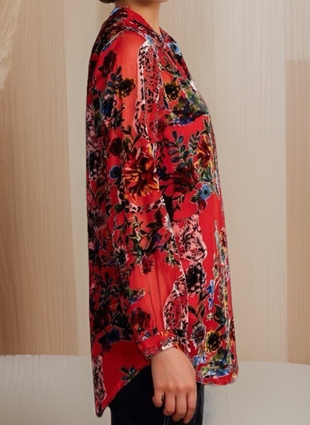 Johnny Was XL Red Burnout Velvet Button Up Blouse Tunic Top Shirt Floral Johnny Was