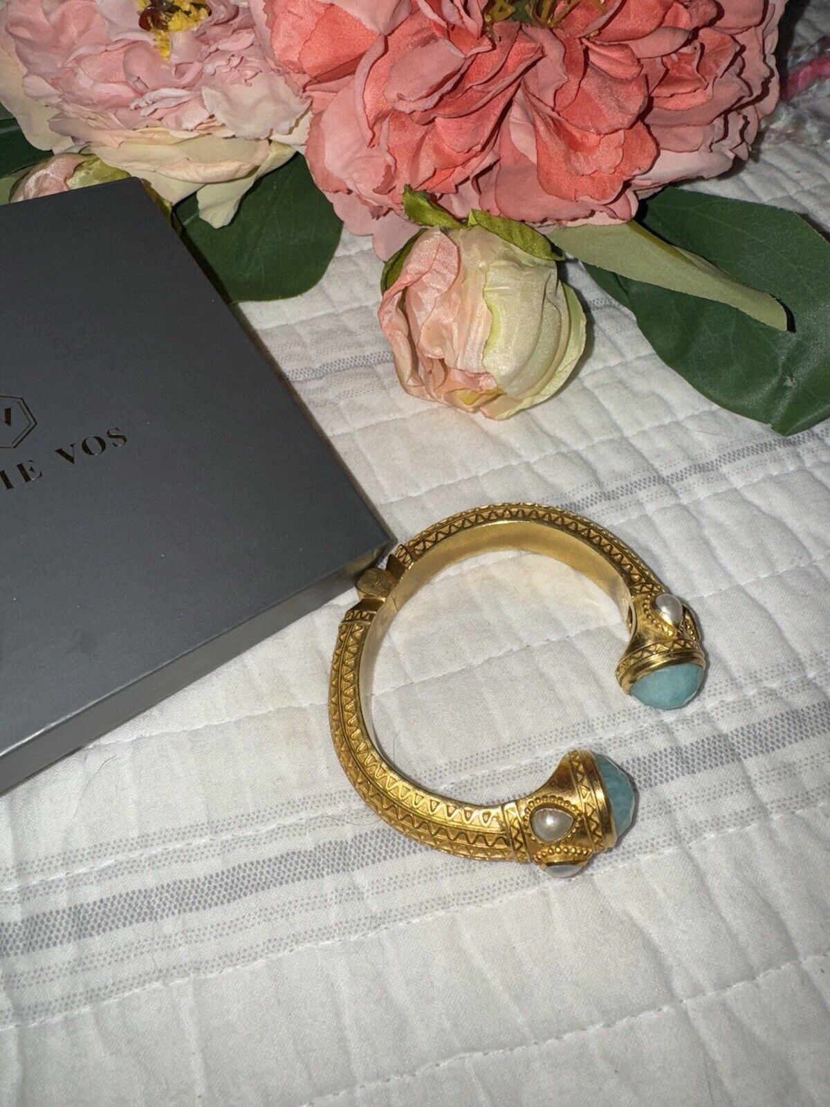 RETIRED Julie Vos Turquoise & Pearl Hinged Bangle Cuff Bracelet 24k Gold Plated