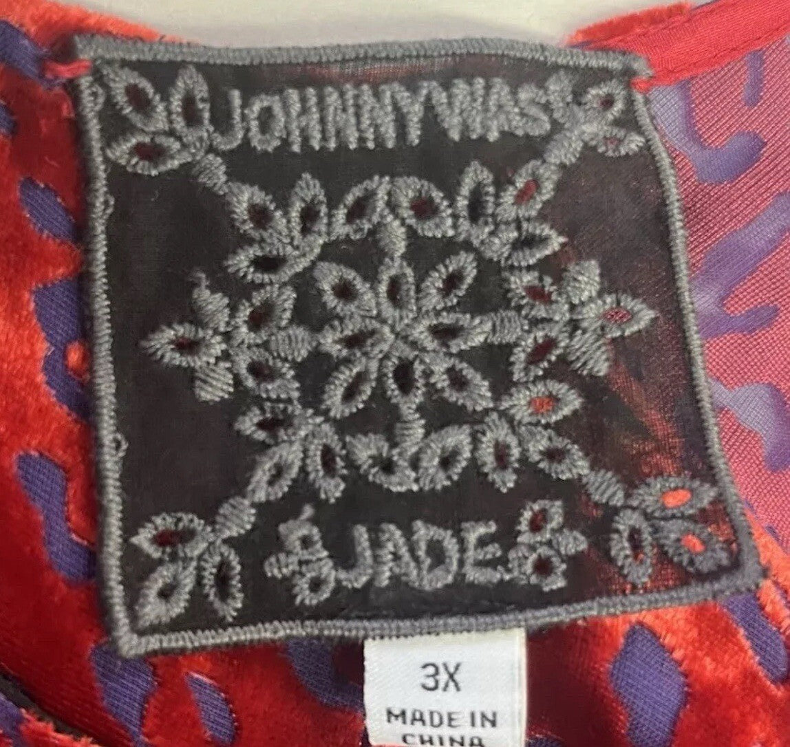 Johnny Was 3X 3XL Red Velvet Burnout Shift Mini Dress Scoop Neck BOHO Party Johnny Was