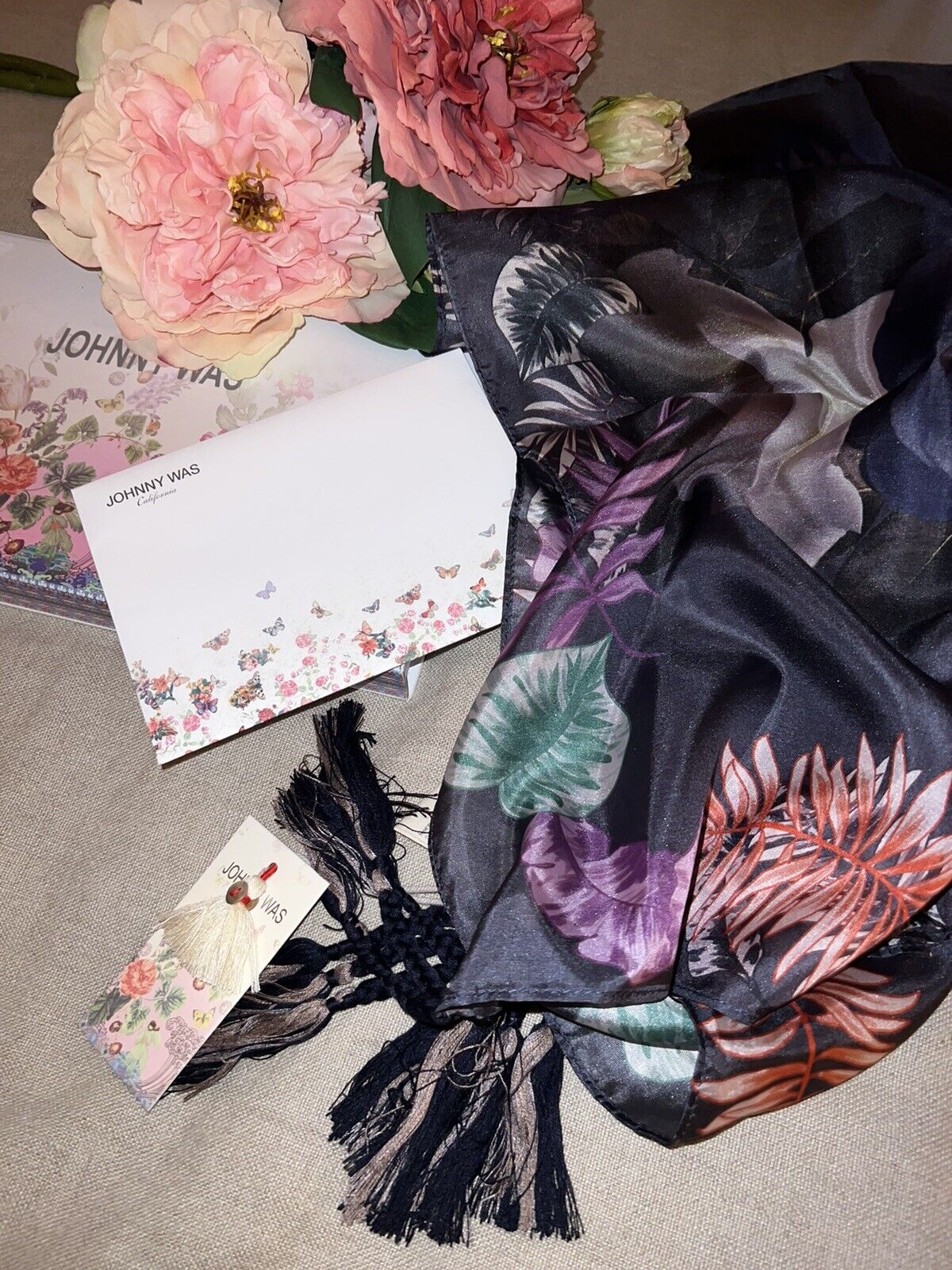 Johnny Was Grey Floral Silk Scarf w/ Tassels In Original Gift Box