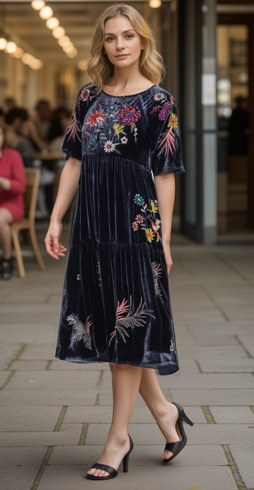 JOHNNY WAS XL Dark Midnight Blue Velvet Midi Dress Tiered Embroidered Maxi Johnny Was