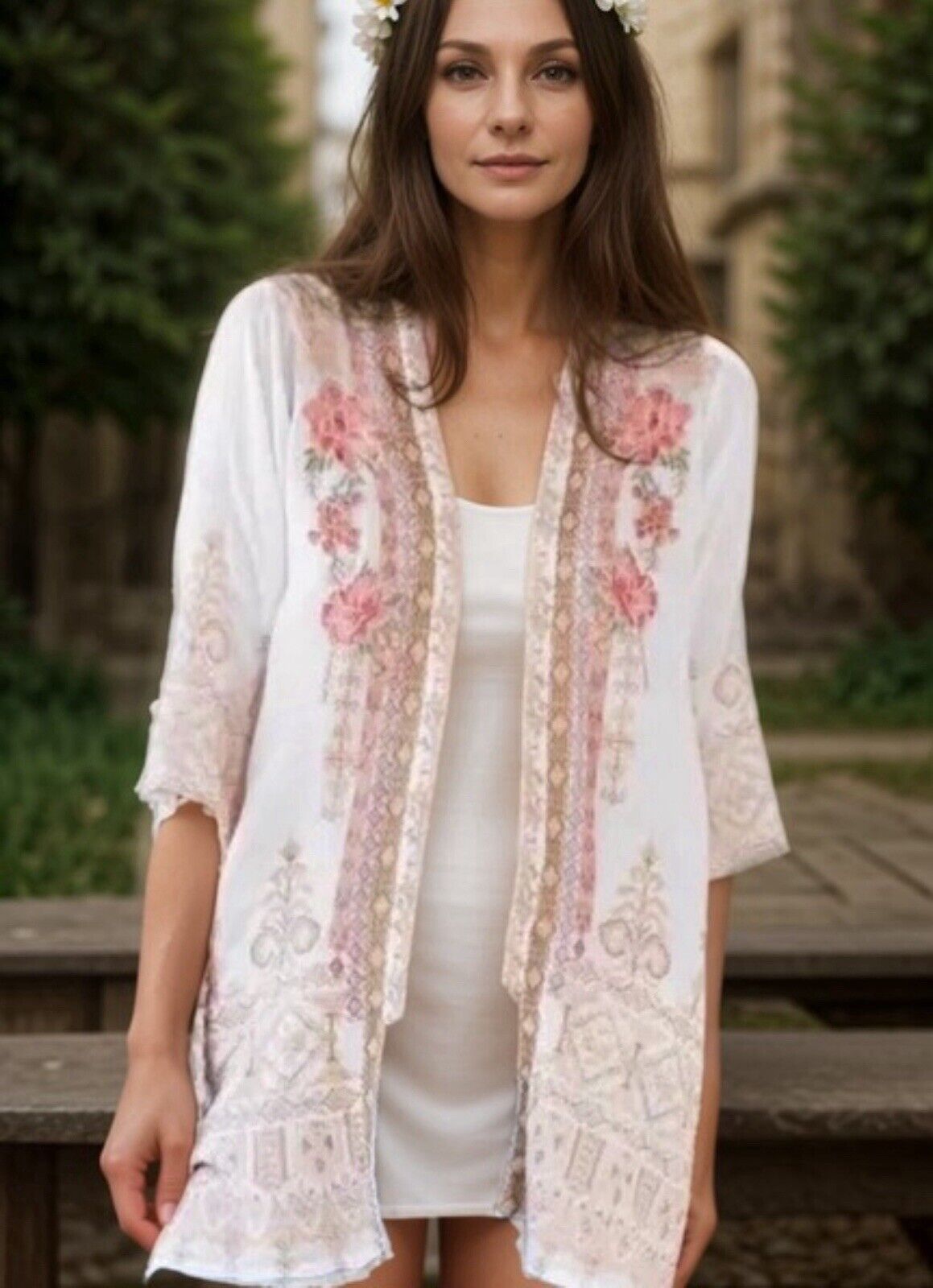 Johnny Was XXL 2X Silky White Kimono Heavily Embroidered BOHO Pockets Roses