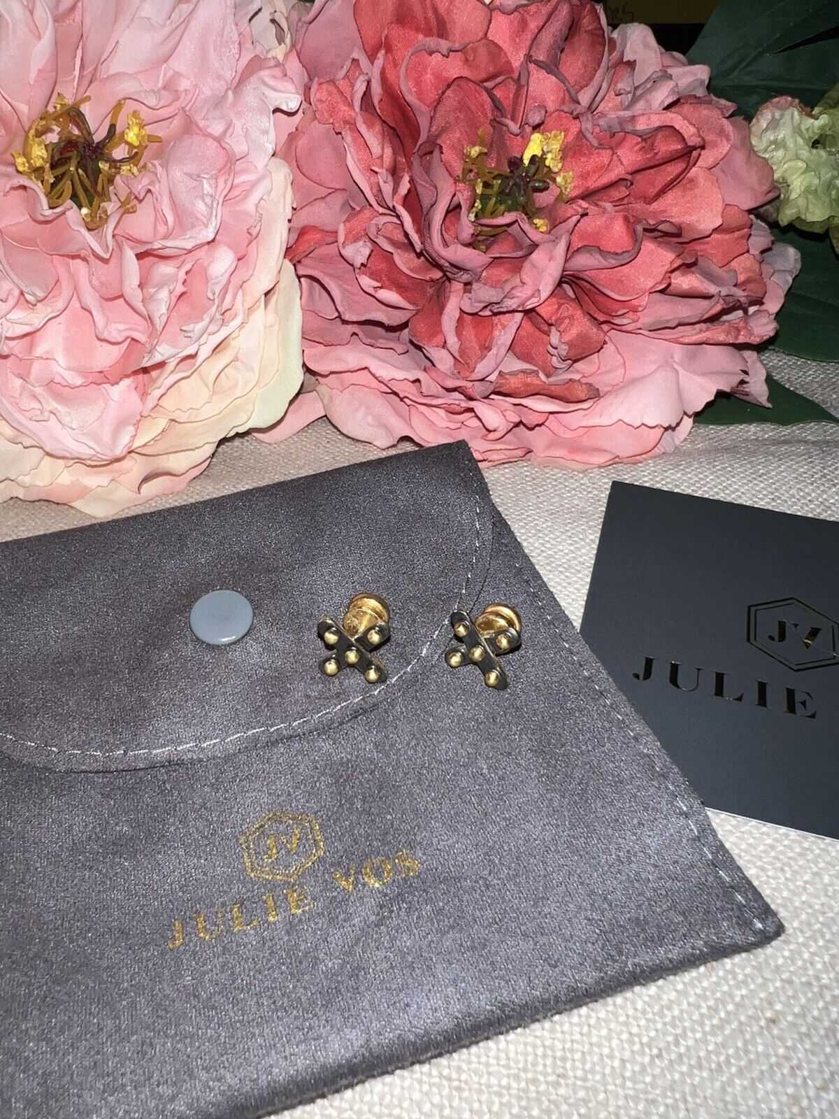 Julie Vos 24k Gold Plated X Cross Two Tone Stud Earrings