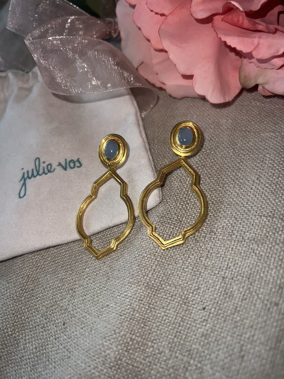 New Julie Vos AMAZING Blue Stone Statement Earrings 24k Gold Plated