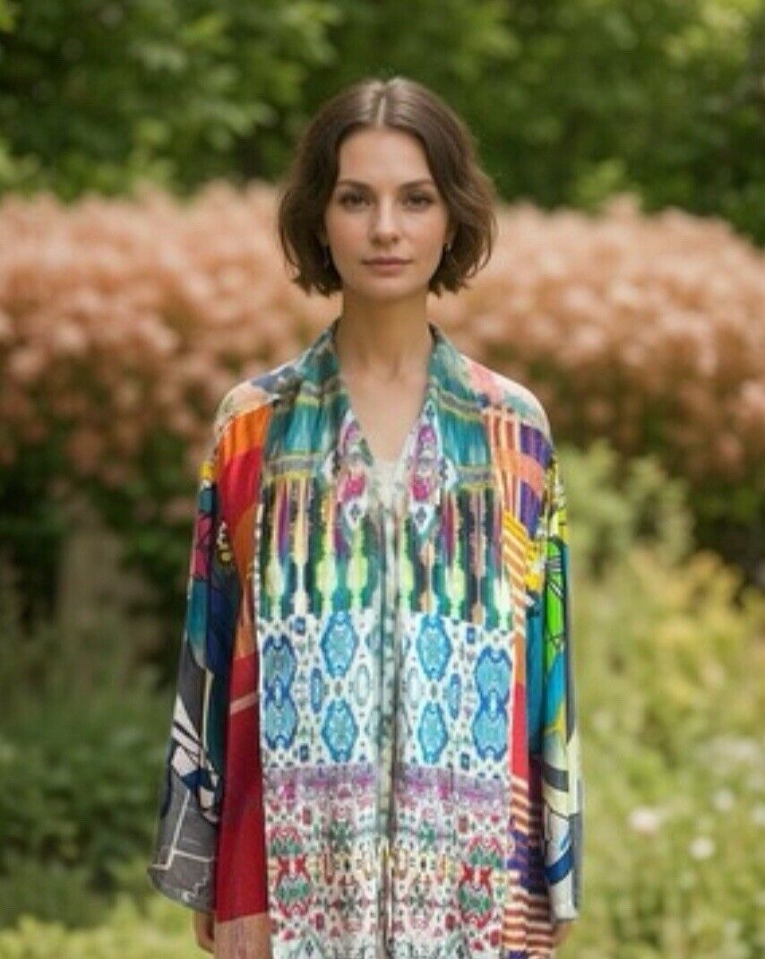 Johnny Was L Large 100% Silk Kimono Wrap Jacket Cardigan Duster Colorful