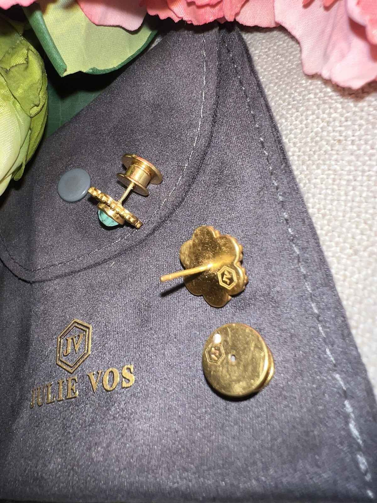 Julie Vos Iridescent Blue Stud Flower Earrings 24k Gold Plated   CLASSIC Julie Vos