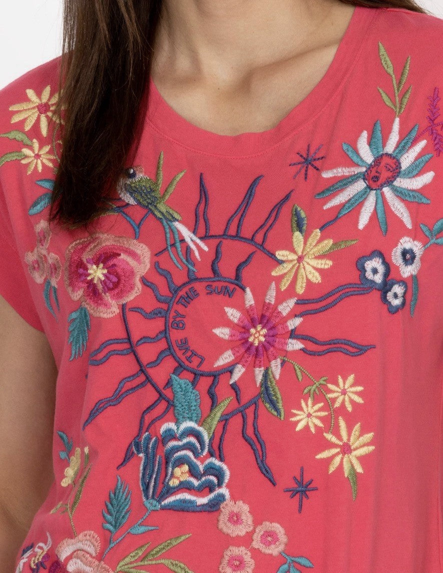 Johnny Was S Small Pink Cap Sleeve Tee T-Shirt Embroidered Bohemian *FLAWS* READ Johnny Was