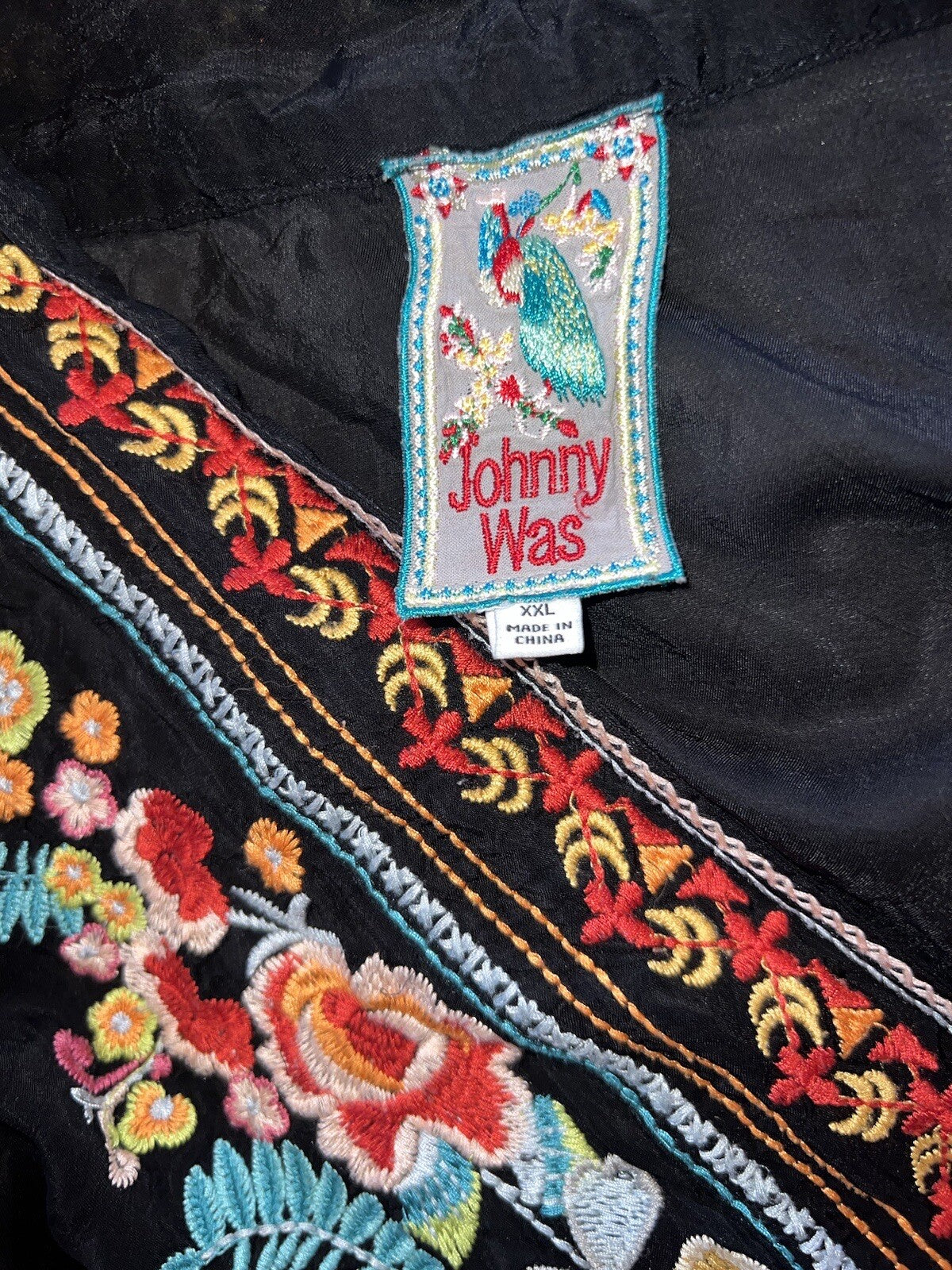Johnny Was XXL Silky Black Long Kimono Duster Wrap Pockets Embroidered Bohemian Johnny Was