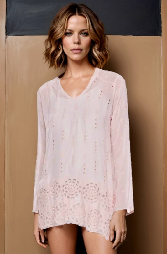 Johnny Was L Soft Pink Blouse Top Tunic Eyelet Shirt Lace Silky Lightweight Cool Johnny Was