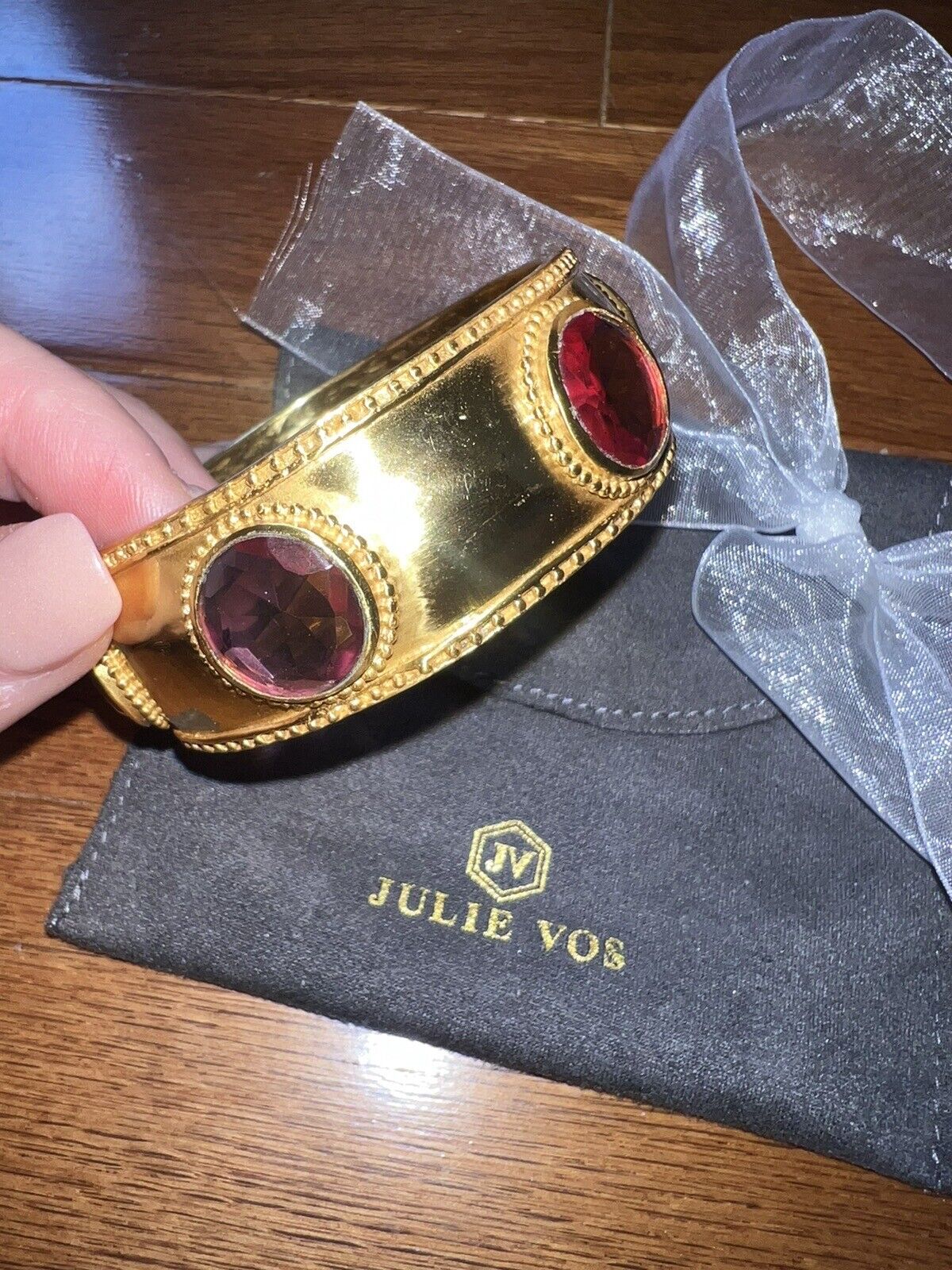 New Julie Vos Bangle Cuff Hinged Bracelet With Wine Colored Stones 24k PlateNWOT