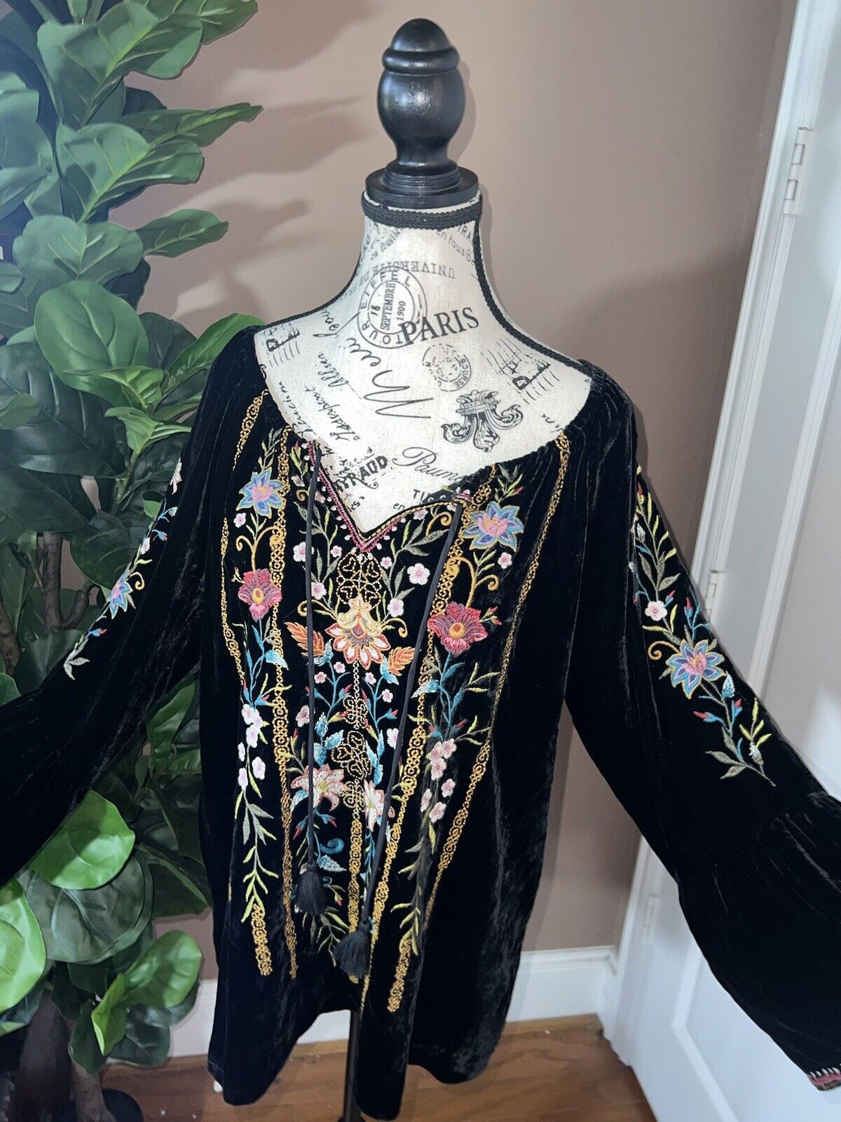 NEW Johnny Was Black Velvet Embroidered Peasant Tunic Top Kimono Sz XL 1X NWOT