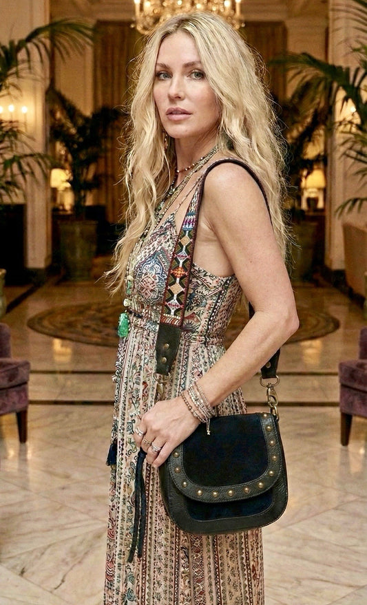 Johnny Was Black Suede Leather Crossbody Bag Purse Tote Tassels Guitar Strap Johnny Was